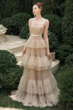 Aura Layered Square Neck Tulle Floor Length Dress