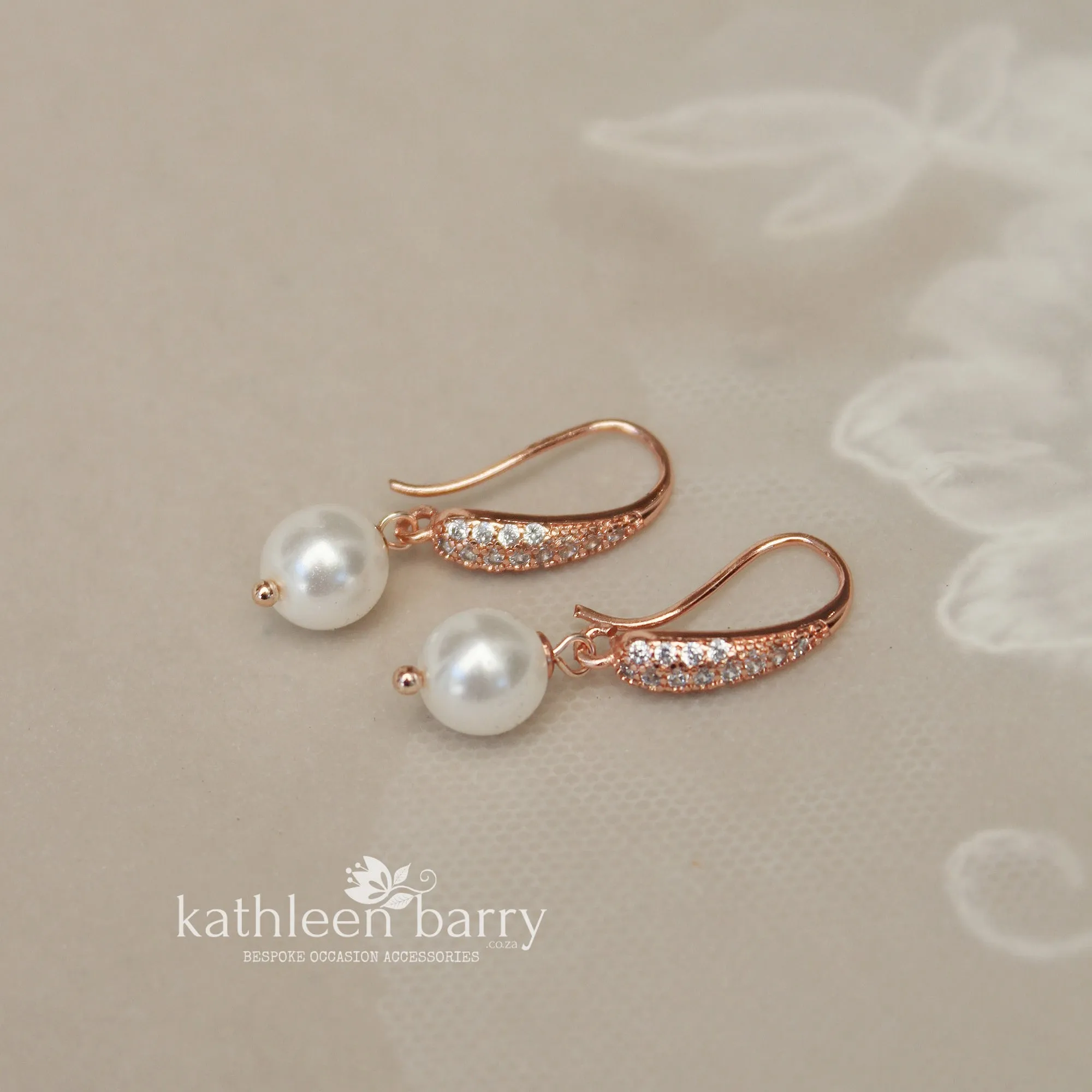 Beatrice Rose gold plated, cubic Zirconia Parve set hook earrings with pearl drops - VERY LIMITED STOCK