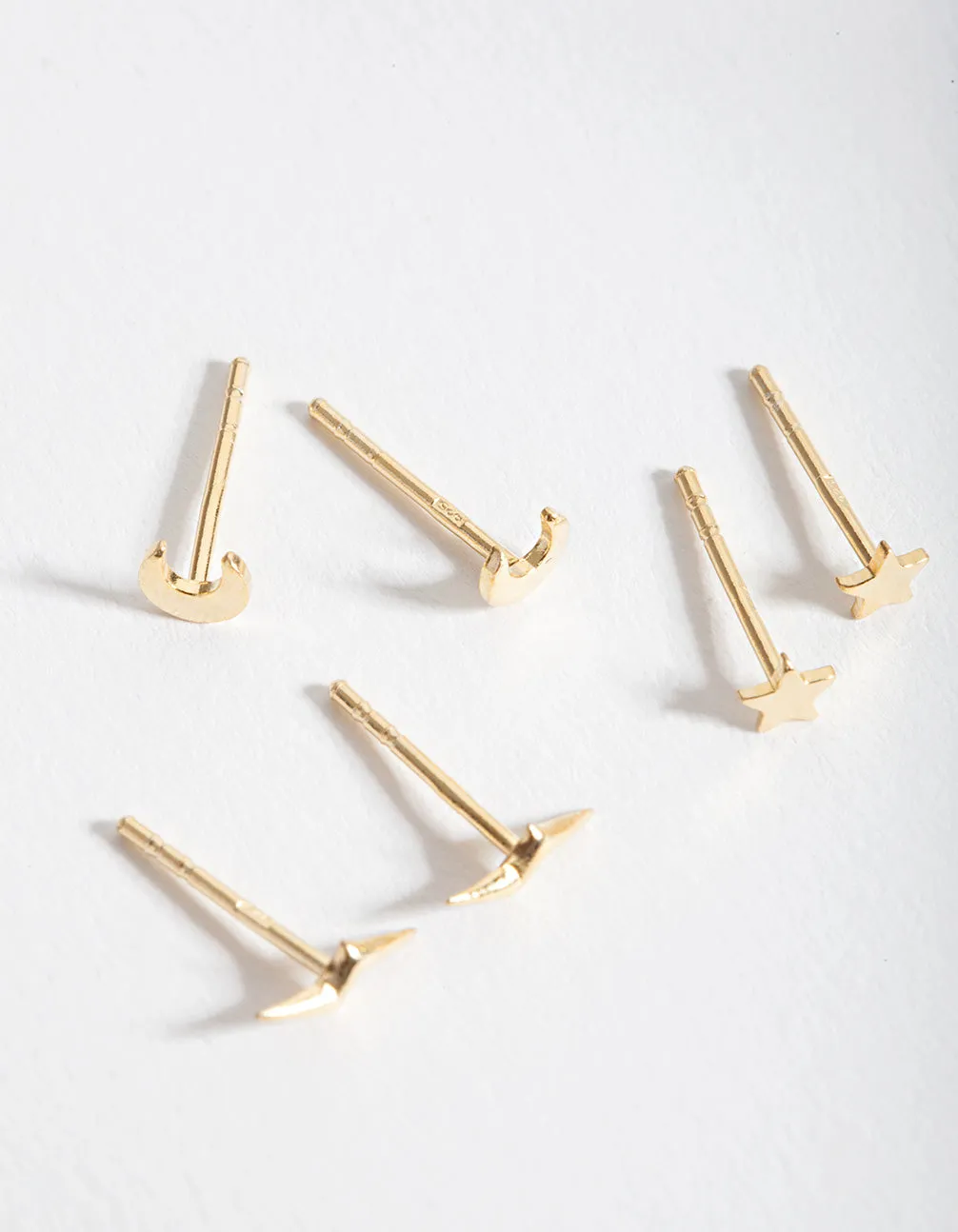 Gold Plated Sterling Silver Celestial Stud Earrings Trio