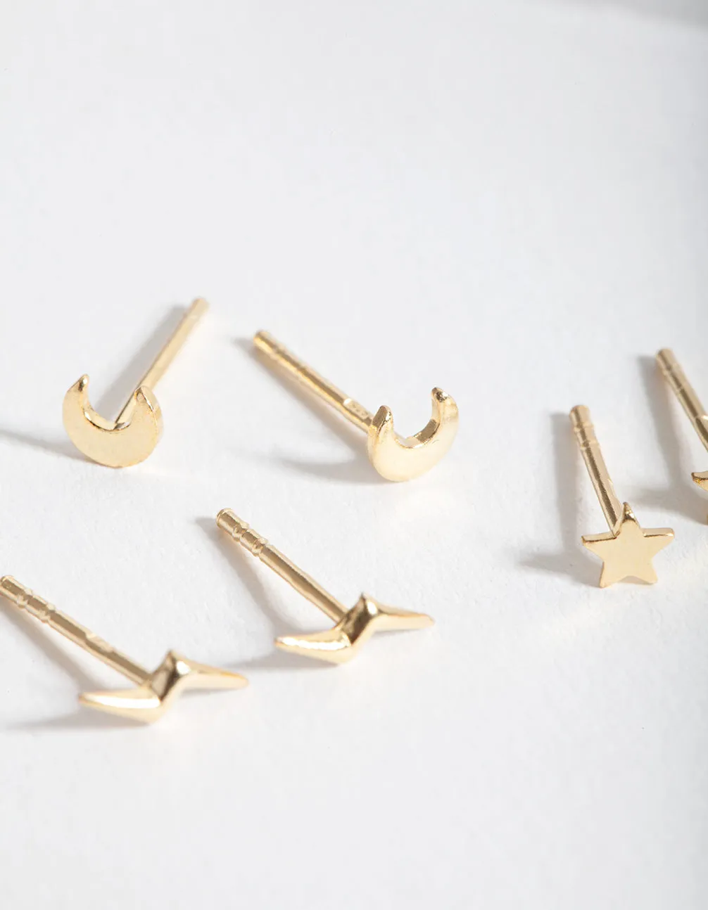 Gold Plated Sterling Silver Celestial Stud Earrings Trio