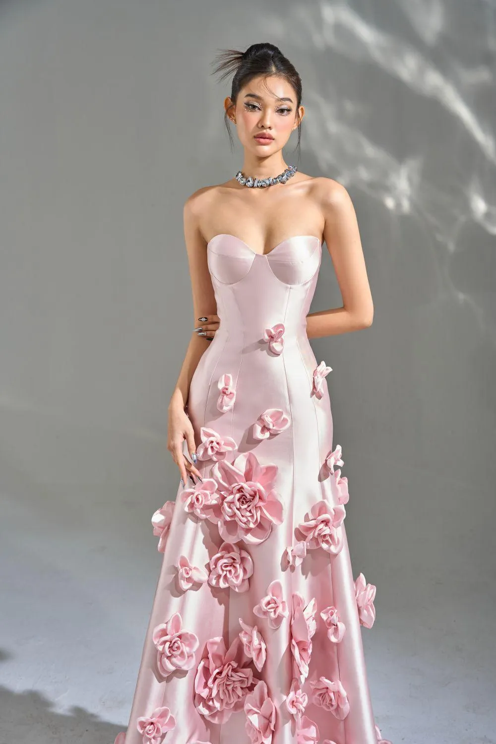 La Fleur Asymmetric Sweetheart Neck Taffeta Maxi Dress