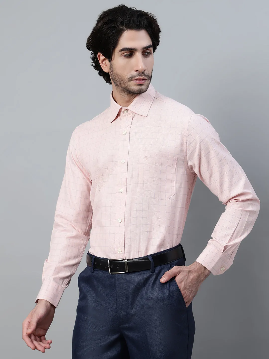 Men's Light Pink Formal Medium Checks Full Sleeve Shirt