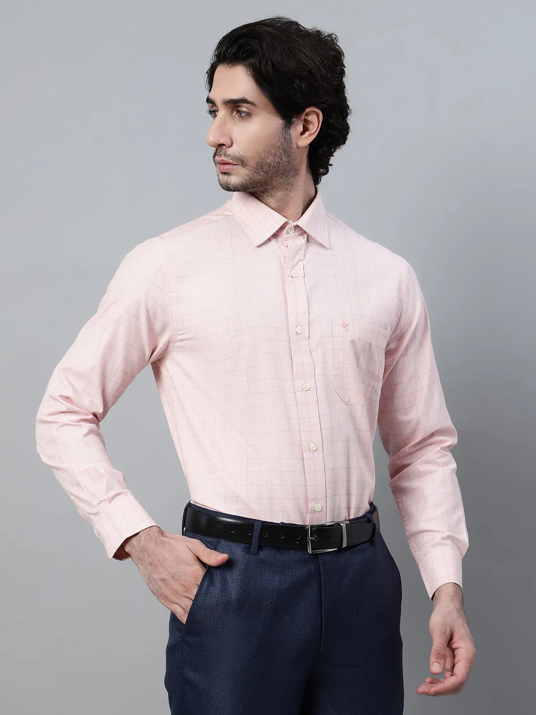 Men's Light Pink Formal Medium Checks Full Sleeve Shirt