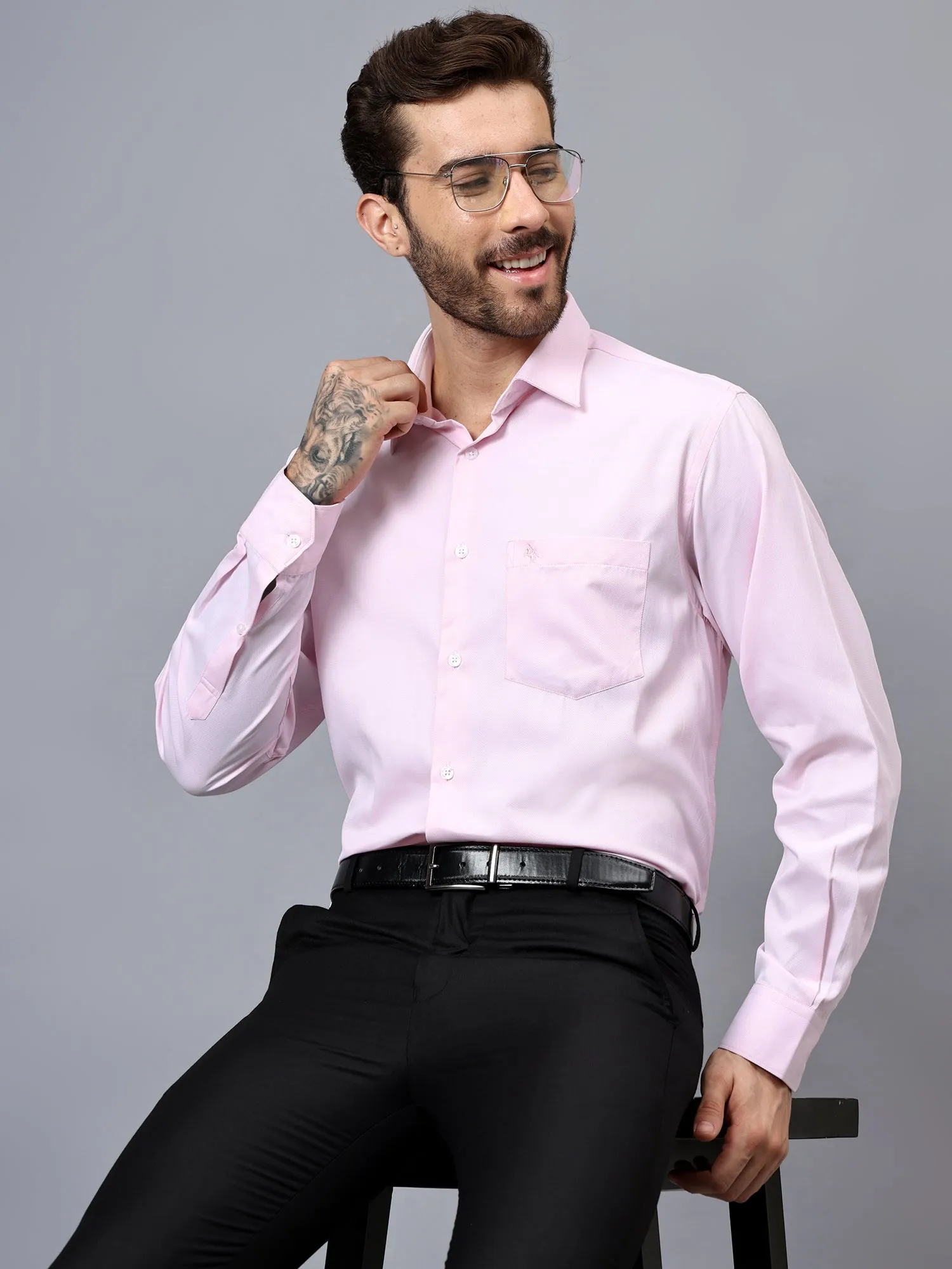 Men's Pink Self Design Full Sleeve Formal Shirt