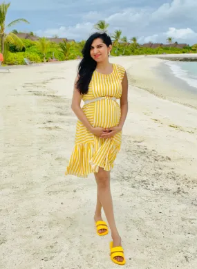 Pretty Yellow Striped Sleeveless Maternity Frill Dress (100% Cotton)