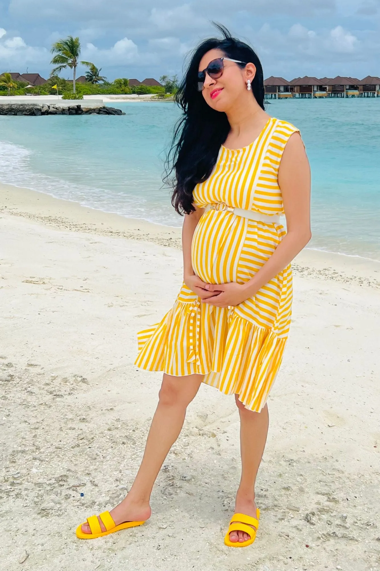 Pretty Yellow Striped Sleeveless Maternity Frill Dress (100% Cotton)