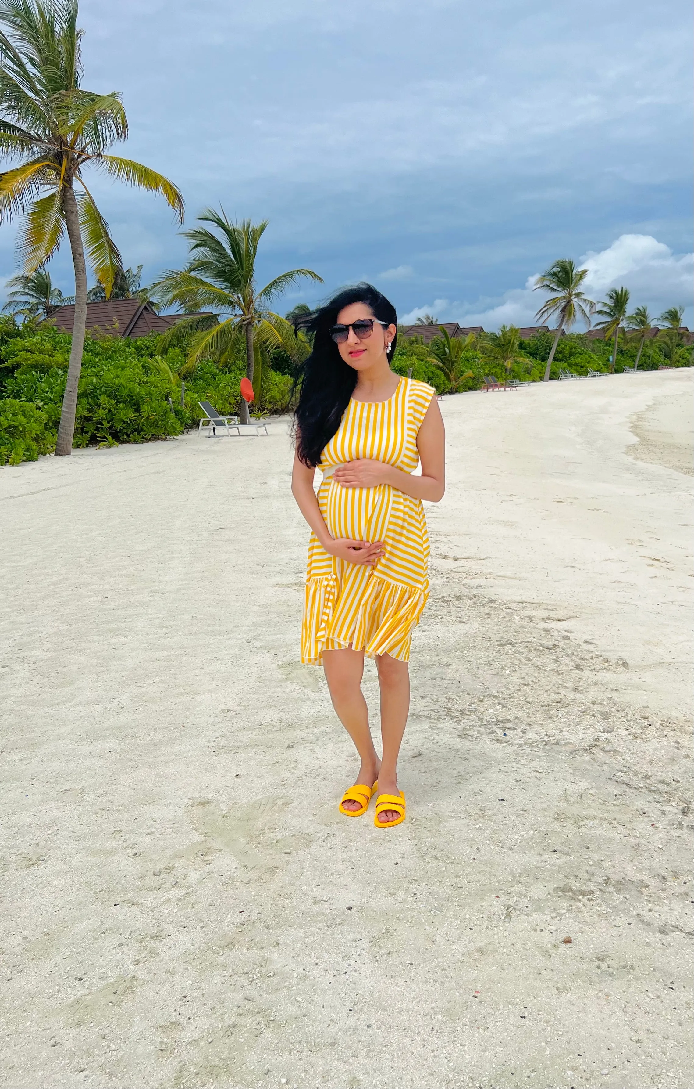 Pretty Yellow Striped Sleeveless Maternity Frill Dress (100% Cotton)