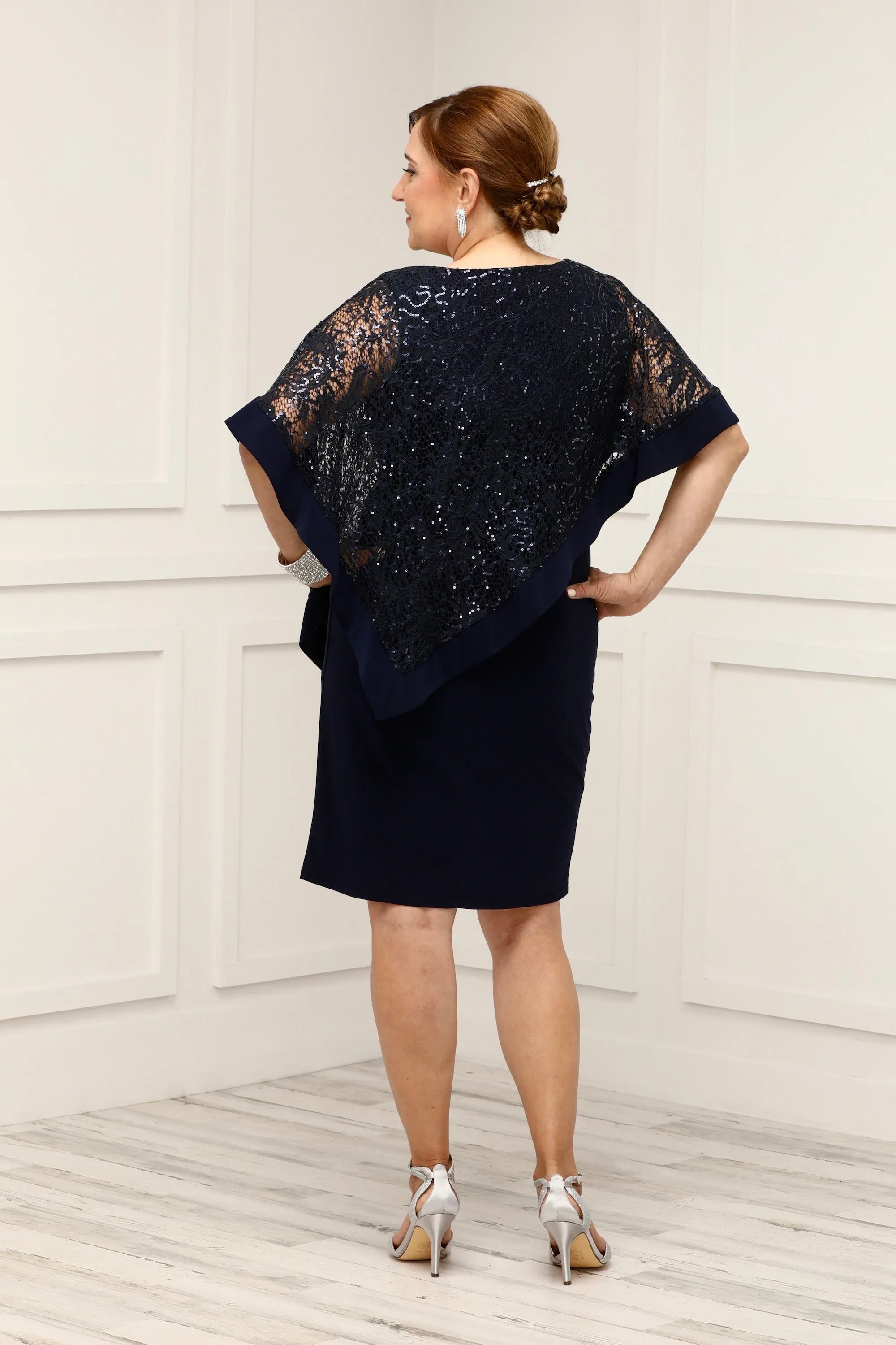 R&M Richard's Petite  Women's  Draped Sequin Lace Poncho Party Dress - Cocktail Dress