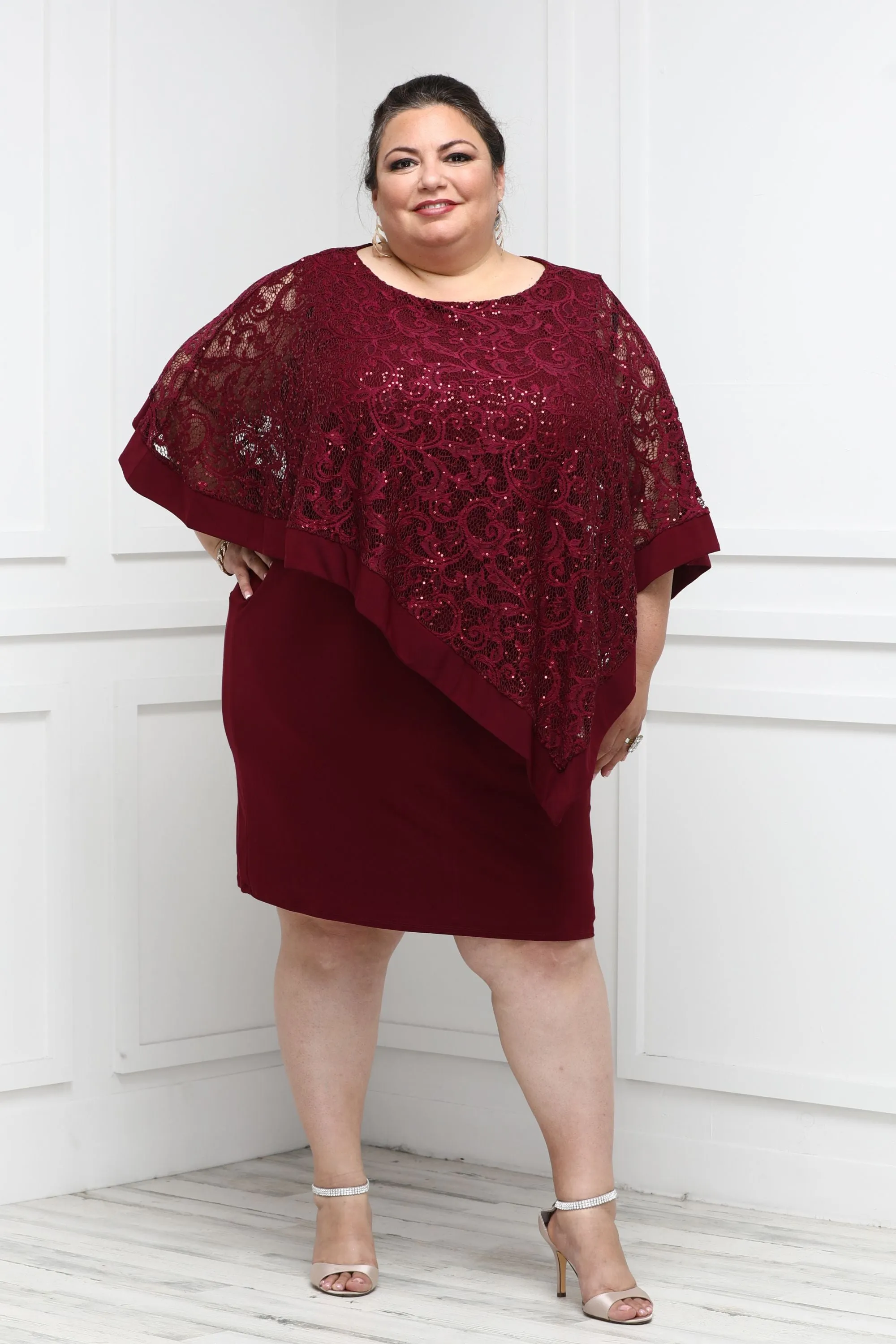 R&M Richards Women's Plus Size Sequin Lace Poncho Party Dress