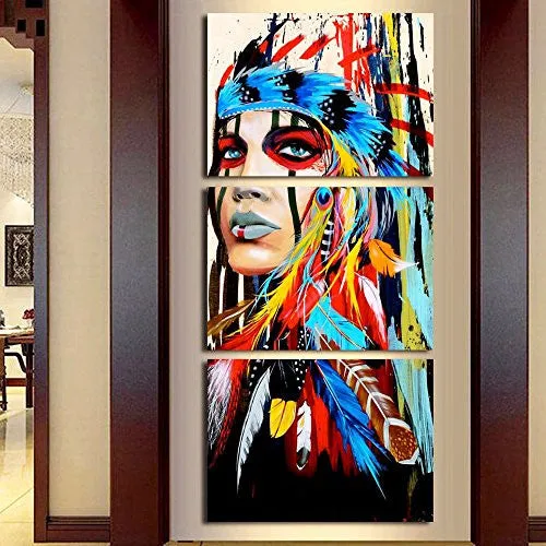 TRULY BEAUTY PAINTING NATIVE AMERICAN GIRL FEATHERED WOMEN MODERN HOME WALL DECOR CANVAS ARTWORKS PICTURE ART HD PRINT PAINTING ON CANVAS 3 PIECE, FRAMED