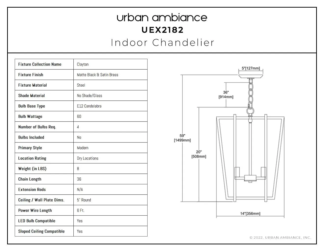 UEX2182 Luxe Industrial Chandelier 20''H x 14''W, Matte Black & Satin Brass Finish, Clayton Collection