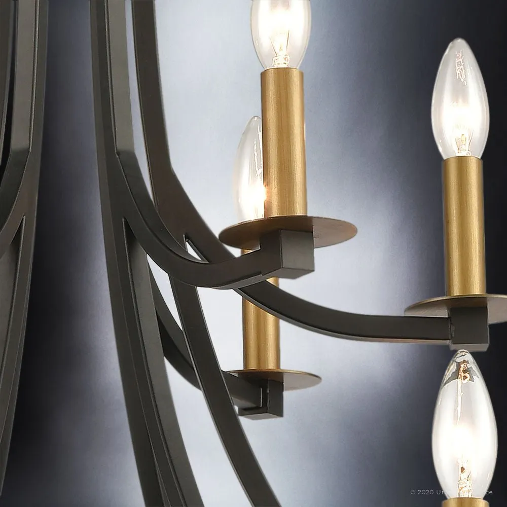 UEX2381 Luxe Industrial Chandelier 32''H x 32''W, Matte Black and Vintage Brass Finish, Freeport Collection