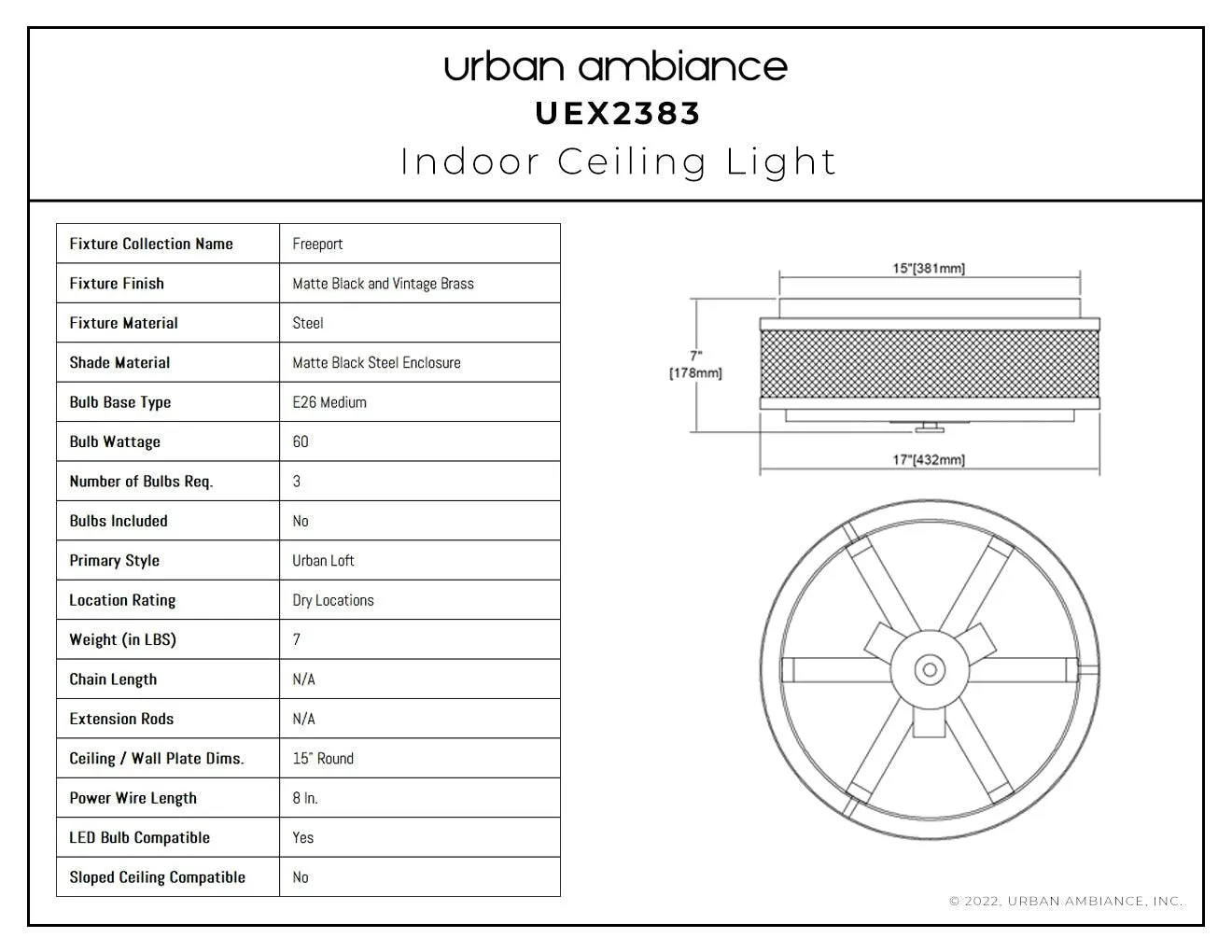 UEX2383 Luxe Industrial Ceiling Light 7''H x 17''W, Matte Black and Vintage Brass Finish, Freeport Collection