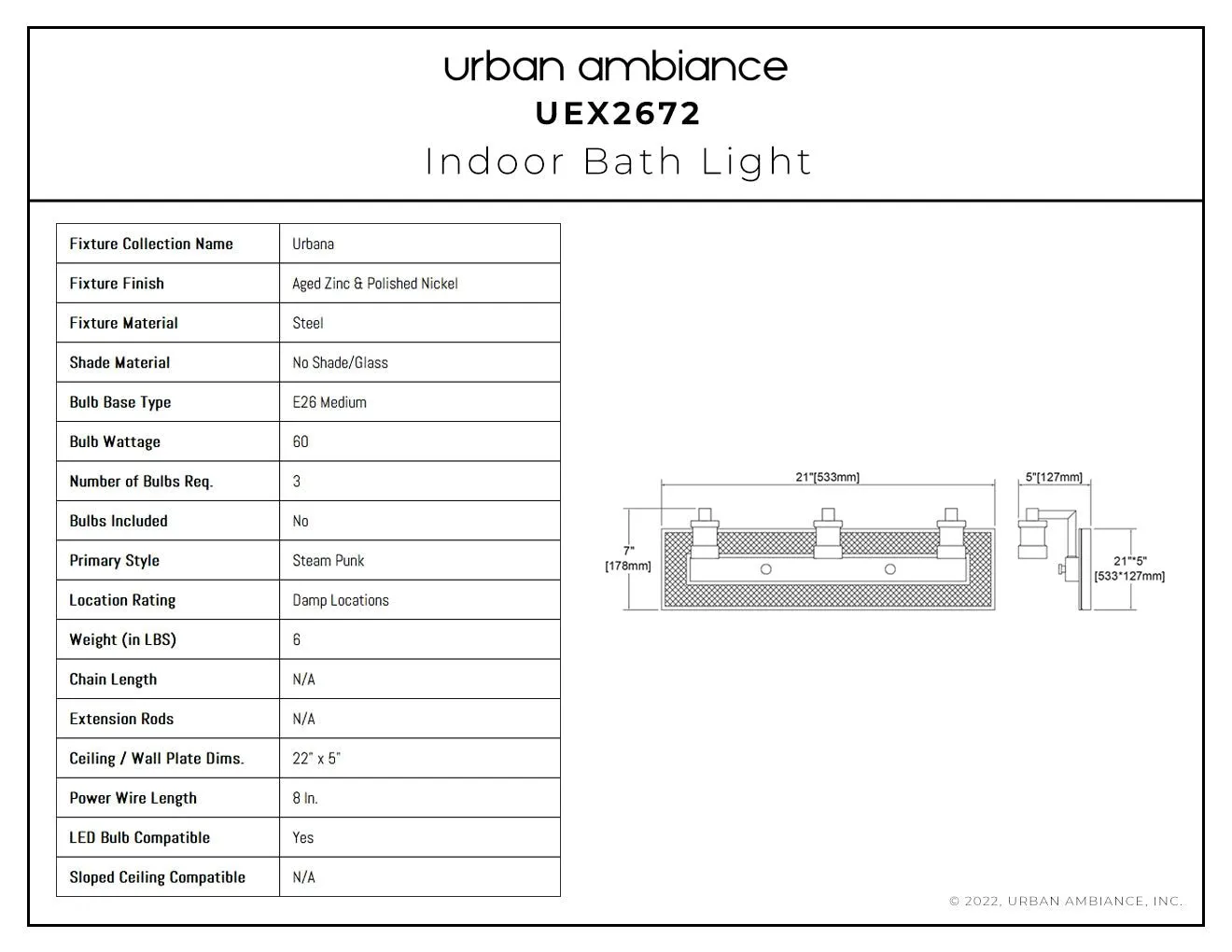 UEX2672 Steampunk Bath Light 7''H x 21''W, Aged Zinc & Polished Nickel Finish, Urbana Collection